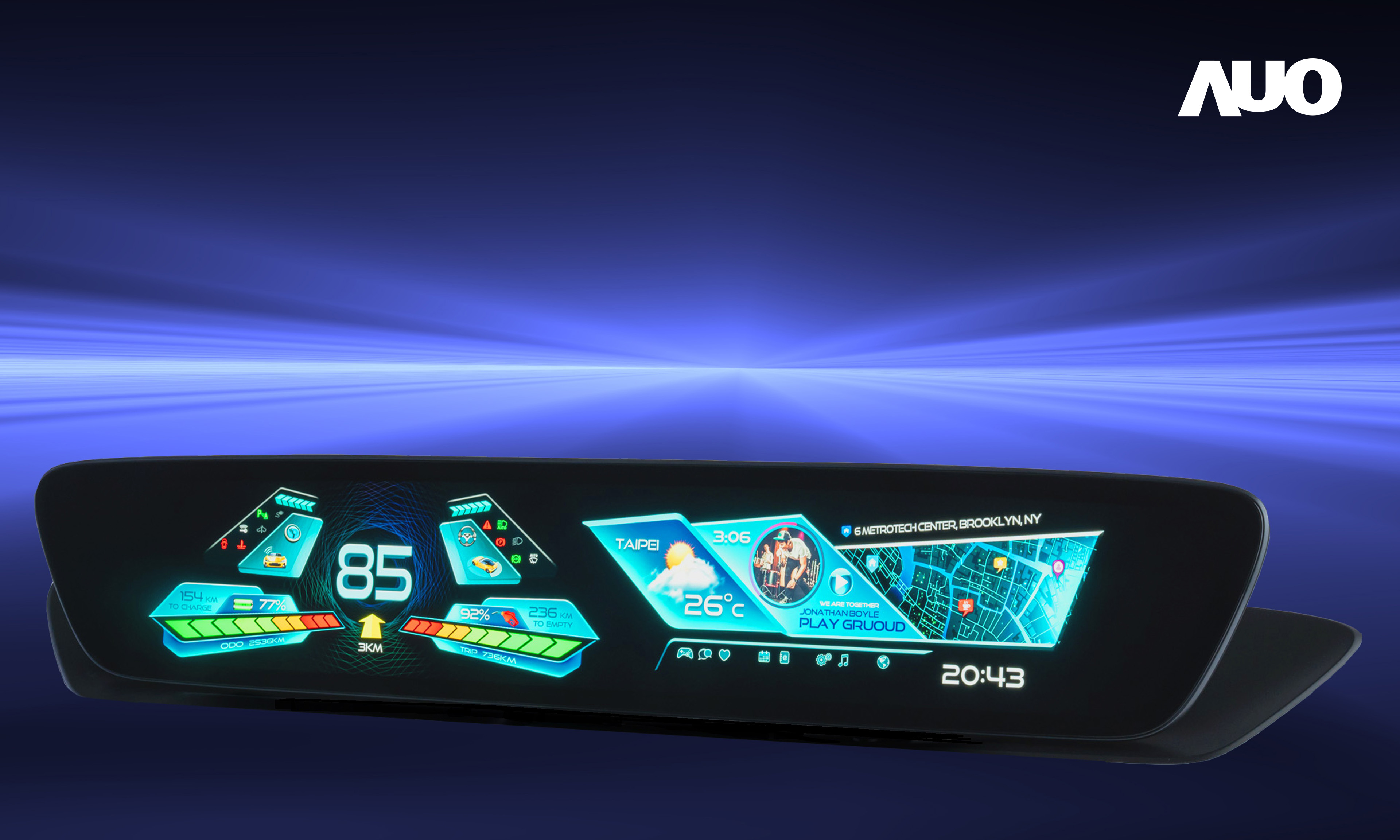 友達30.4吋異形曲面AmLED車載顯示系統，為一兼具儀表板及中控台人機介面的創新車載顯示系統，結合美學設計，提升車內科技沉浸感及使用體驗，讓車載顯示的未來應用更加多元化