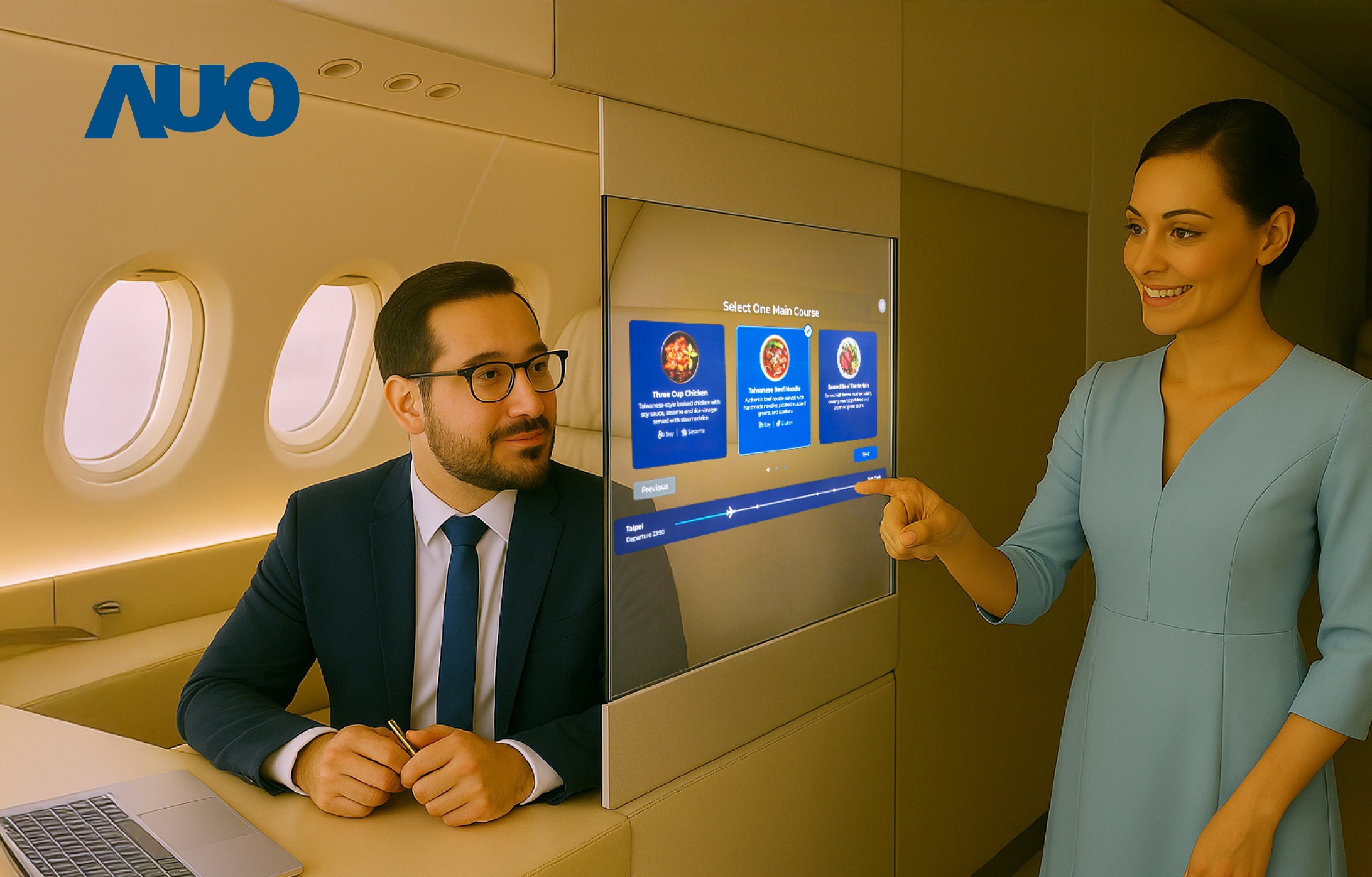 友達研發全球最薄17.3 吋雙面透明 Micro LED 顯示器，可在同一螢幕之雙邊投射不同資訊，創造獨特的「透明化」互動；圖為即時翻譯交流應用情境