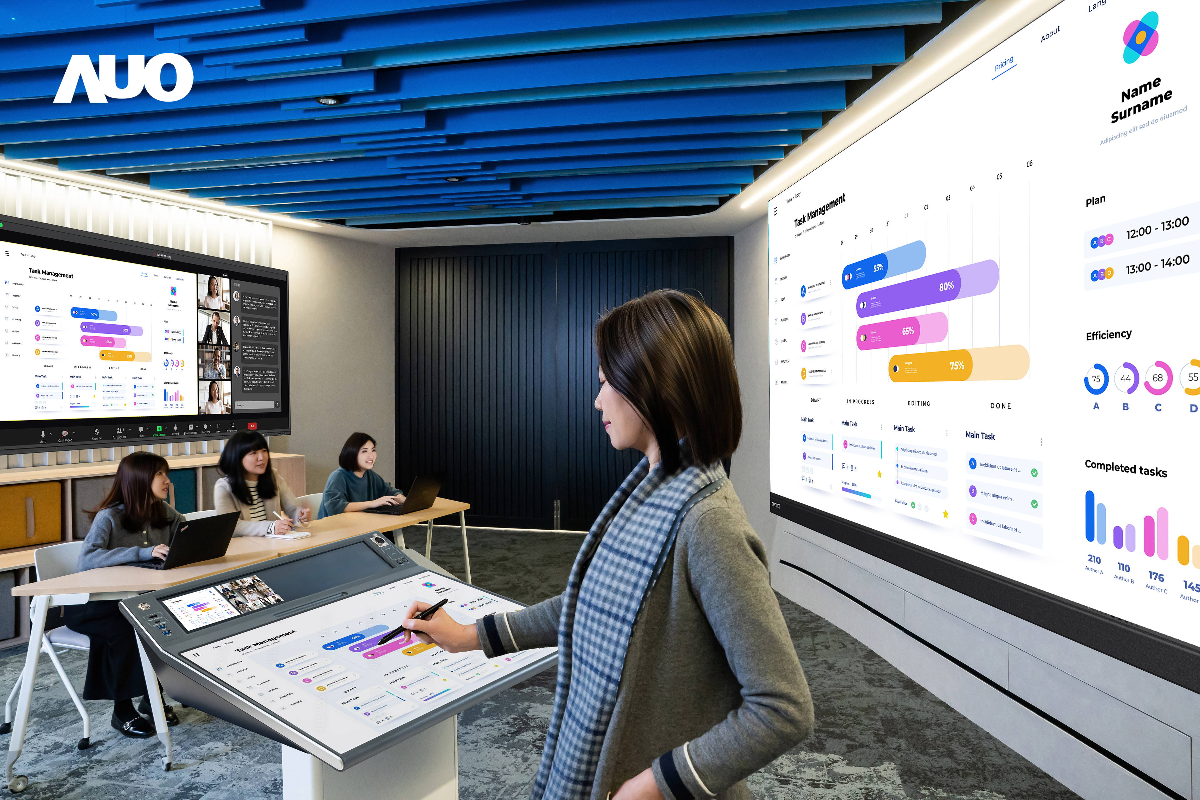 達擎攜手Avocor與Rise Vision展示全方位商務領域應用，包含採用模組化設計的138吋一體式All-in-One LED顯示器及具21:9超寬比例的92吋互動式電子白板（IFPD），講者可輕鬆分享內容，有效提升會議協作效率。